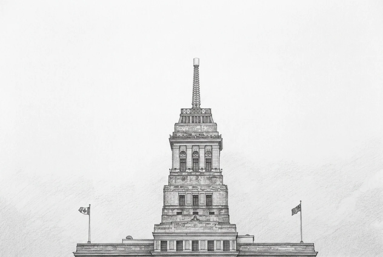 Detailed graphite pencil drawing of a historic building