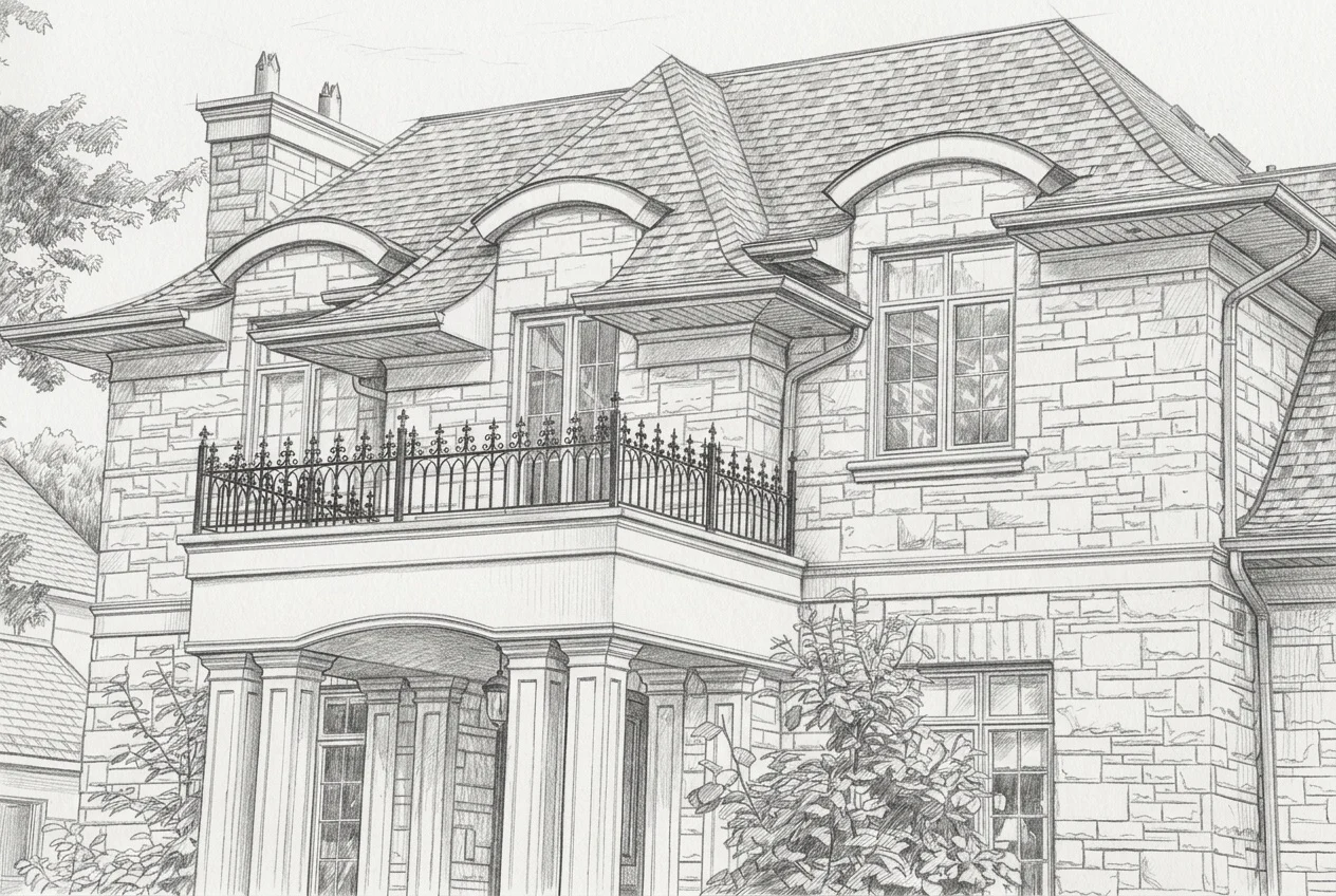 Detailed architectural graphite pencil drawing of a house