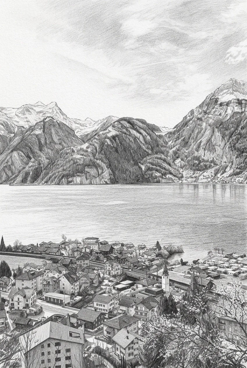 Atmospheric graphite pencil drawing of a mountain lake landscape