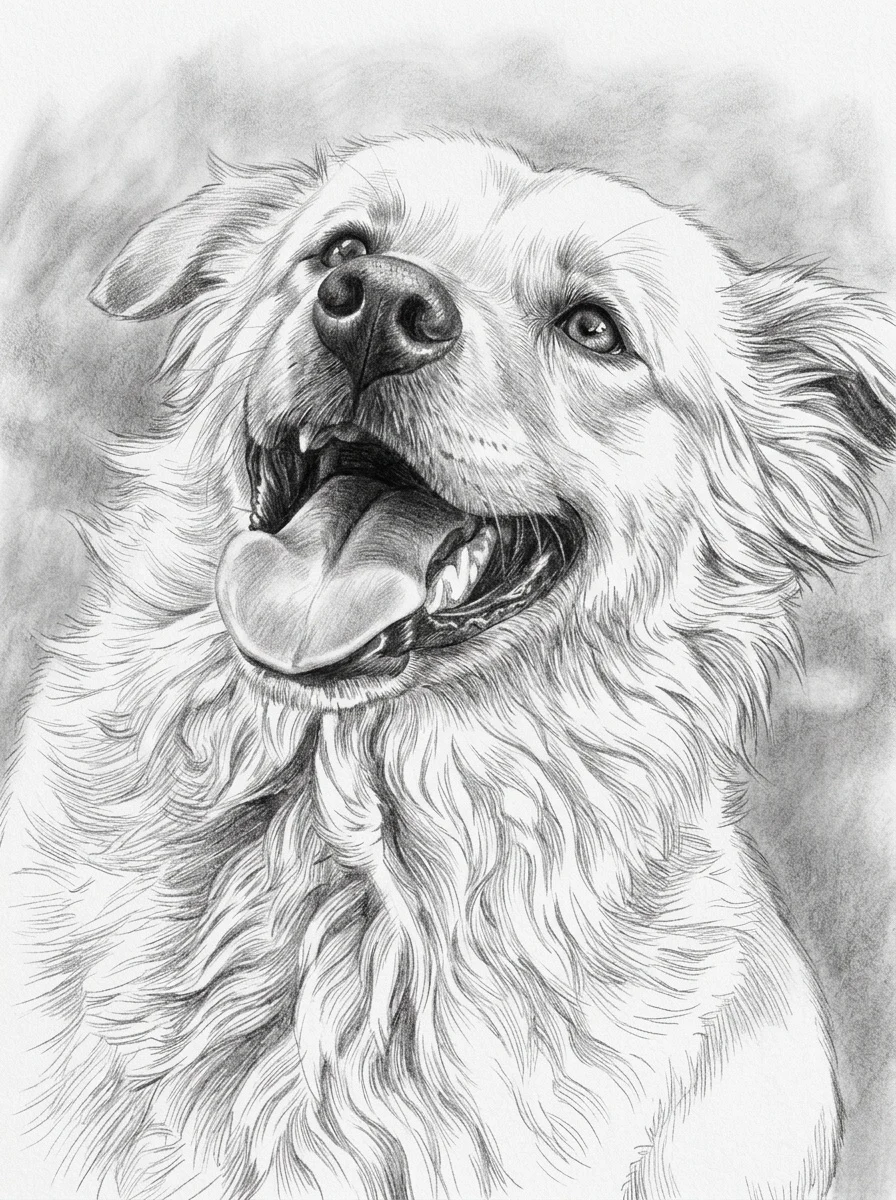 Detailed graphite pencil drawing of a golden retriever