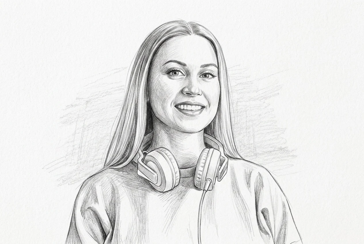 Realistic graphite pencil drawing of a woman wearing headphones