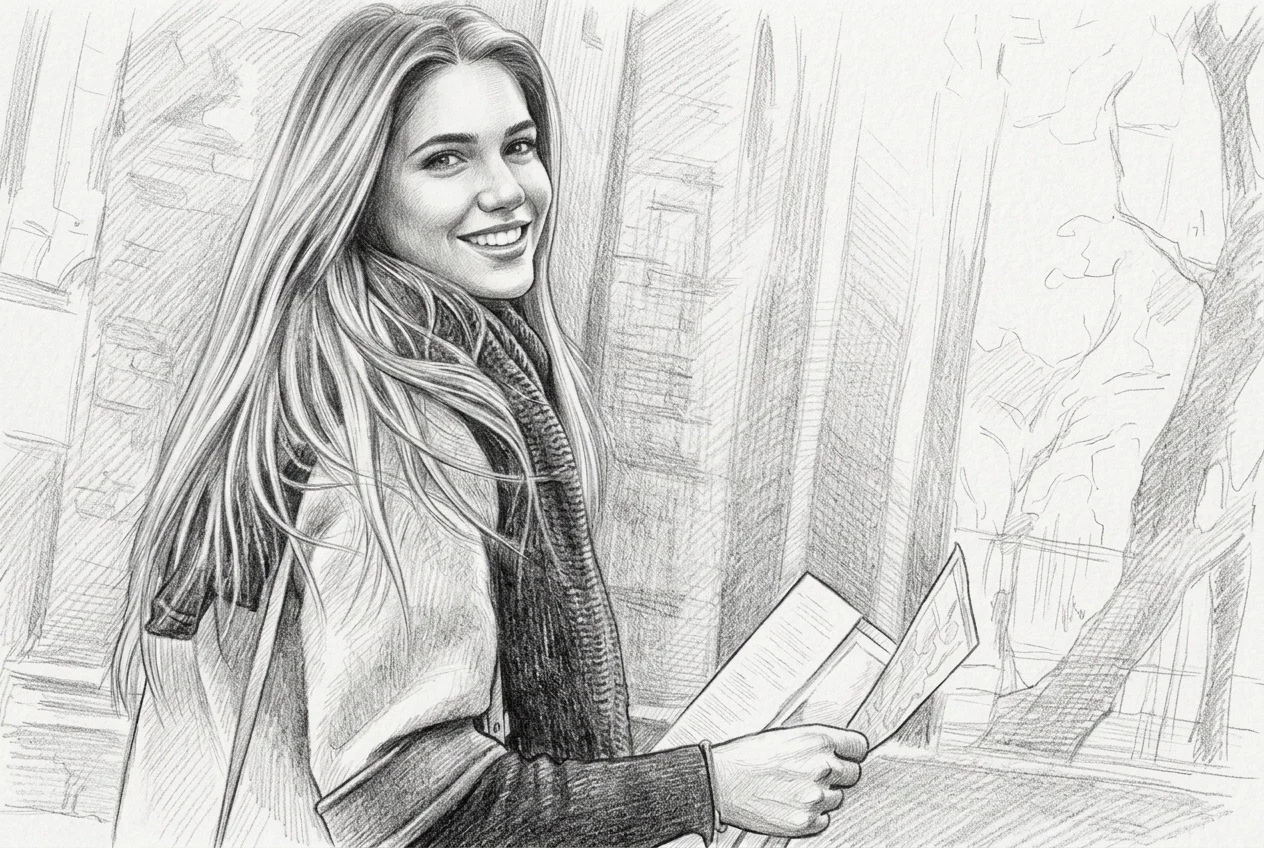Graphite pencil portrait of a woman holding paper