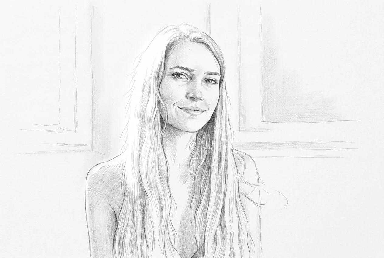 Soft graphite pencil sketch of a smiling woman